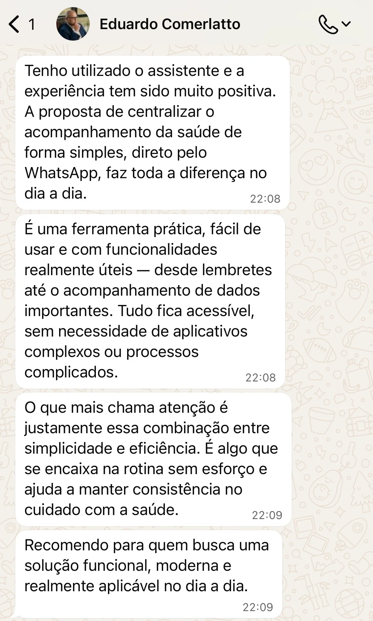 Depoimento real — Eduardo Comerlatto no WhatsApp
